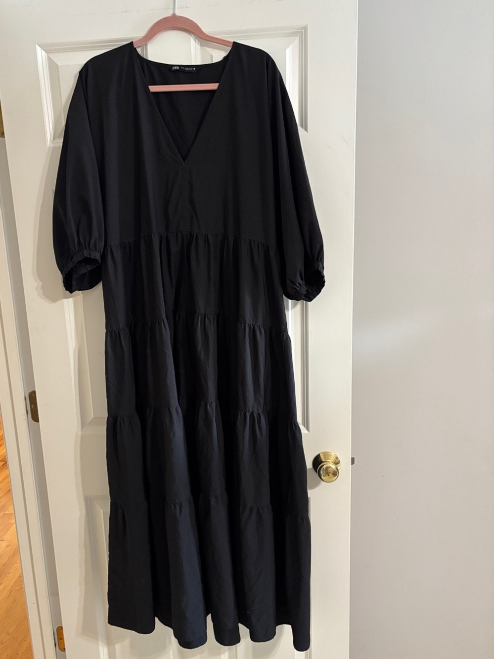 Zara Black Voluminous Poplin Tiered V-Neck Maxi Dress